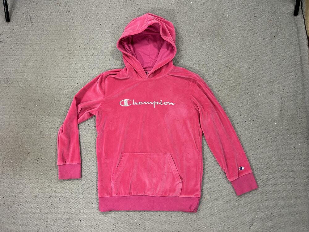 Champion Hoodie Womens Large Pink Velour Pullover Sweatshirt Embroidered Logo